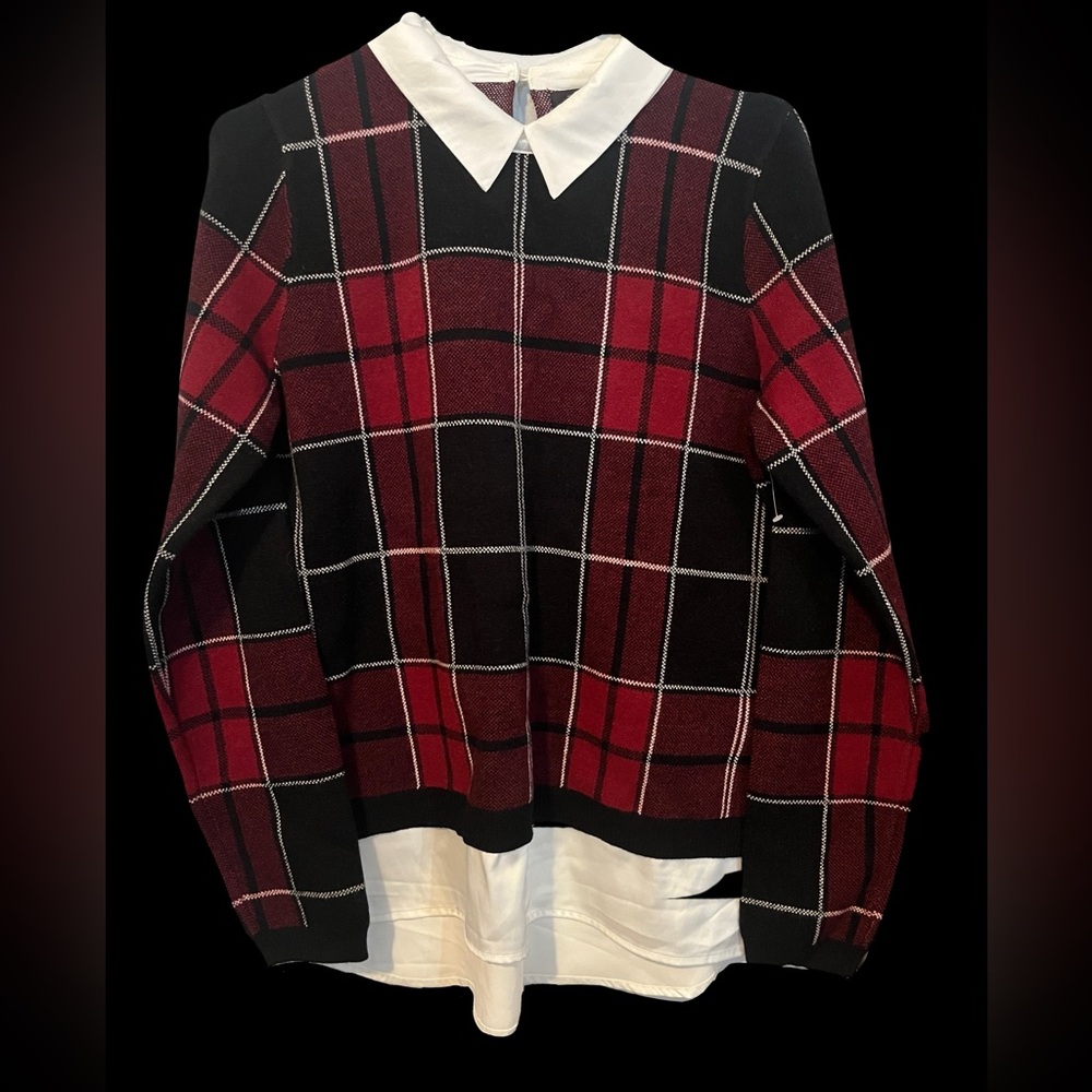 Tahari Red Plaid Collared Shirttail Hem Pullover Sweater Women's Size L